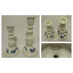 N S Gustin Co White Porcelain Blue Hand Painted Decorated Candle Holder Set of 2